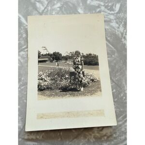 Vintage 1940s Black and White Snapshot Woman Floral Dress Garden Velox Photo